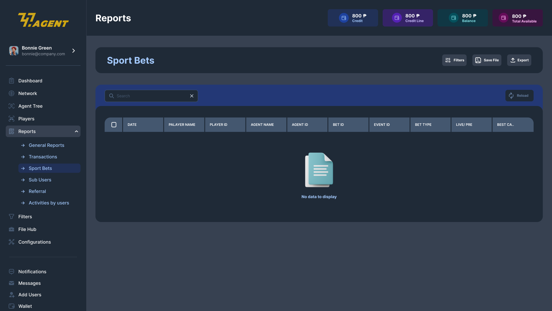 Reports · Sport Bets - Dark